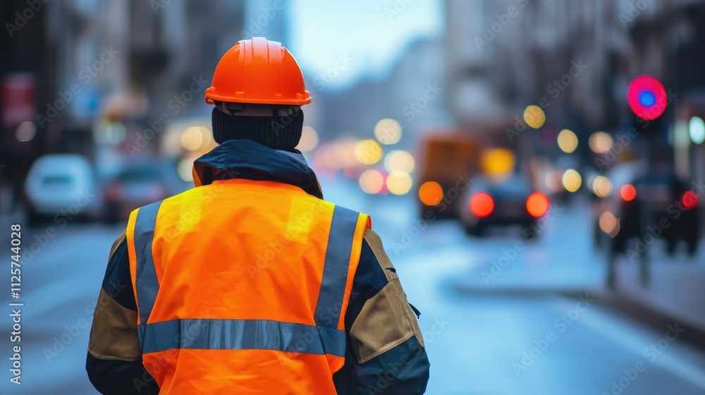 High visibility traffic control worker in safety gear managing urban roadway conditions during overcast weather. High visibility traffic control worker in safety gear managing urban roadway conditions during overcast weather.