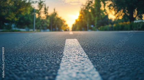 Asphalt road with white arrow traffic marking under sunset glow showcasing urban transportation infrastructure and road safety measures photo