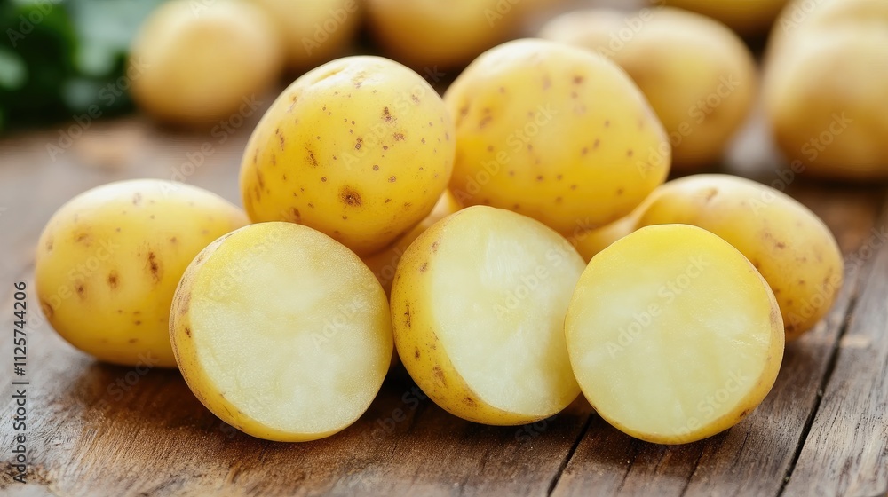Freshly harvested yellow potatoes displayed on a rustic wooden surface showcasing their seasonal agricultural quality and eco-friendly farming practices Freshly harvested yellow potatoes displayed on a rustic wooden surface showcasing their seasonal agricultural quality and eco-friendly farming practices