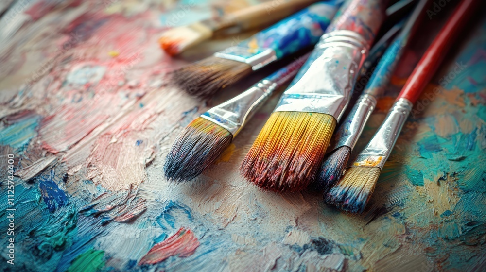 Obraz premium Assorted white paint brushes and a can of colorful oil paint resting on a textured wooden table, surrounded by vibrant paint splatters, art supplies, creativity, painting.