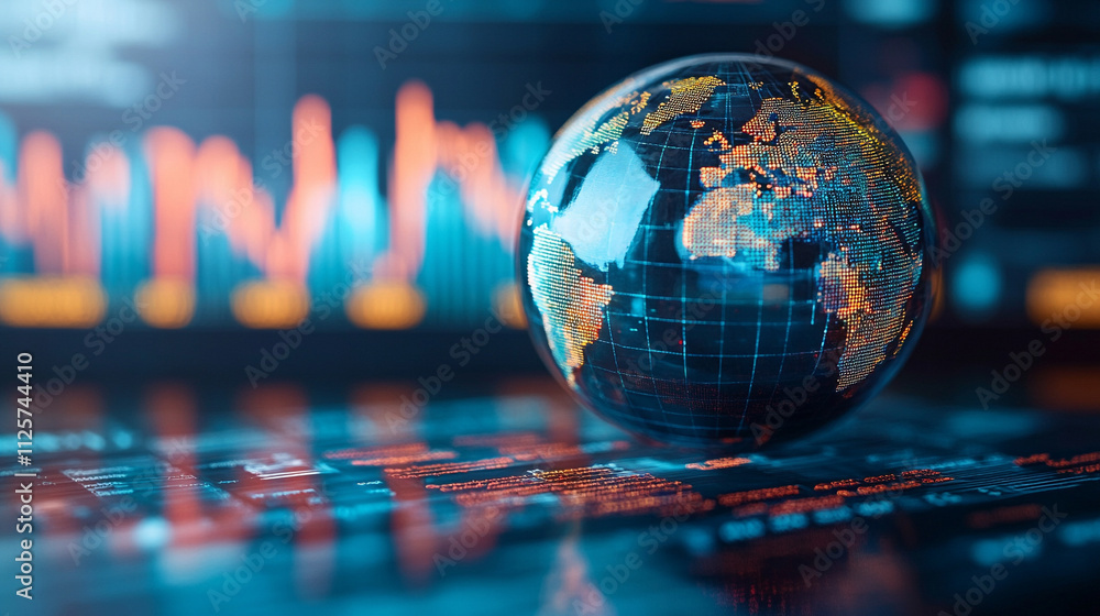 crystal-clear globe rests on a financial chart, symbolizing global markets, economic connections, sustainability, and the interdependence of finance and environmental stewardship crystal-clear globe rests on a financial chart, symbolizing global markets, economic connections, sustainability, and the interdependence of finance and environmental stewardship