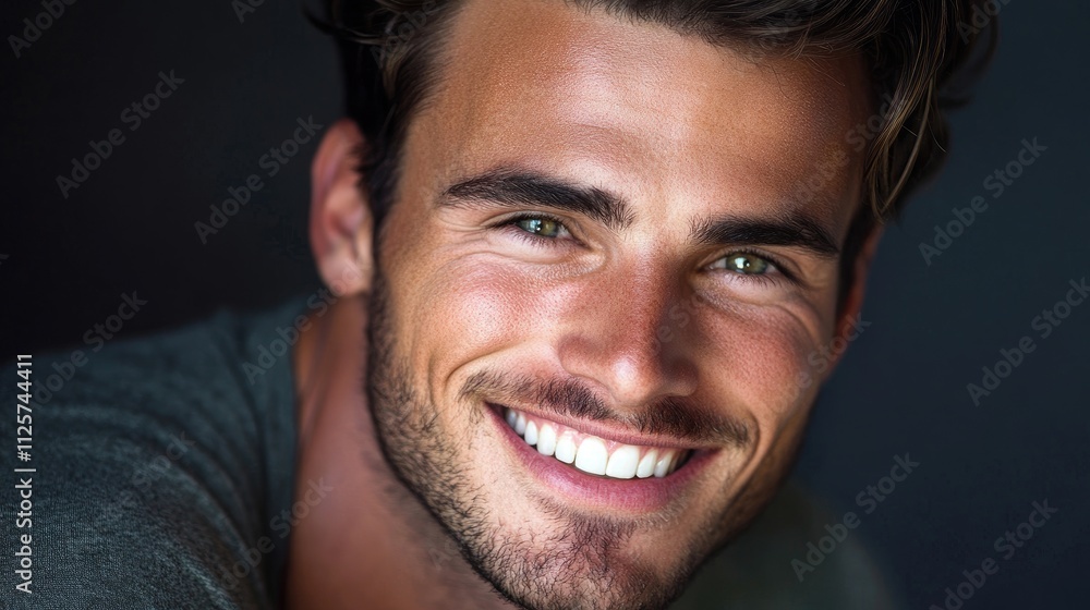 Confident young man with bright smile showcasing casual elegance and charm in intimate portrait setting Confident young man with bright smile showcasing casual elegance and charm in intimate portrait setting