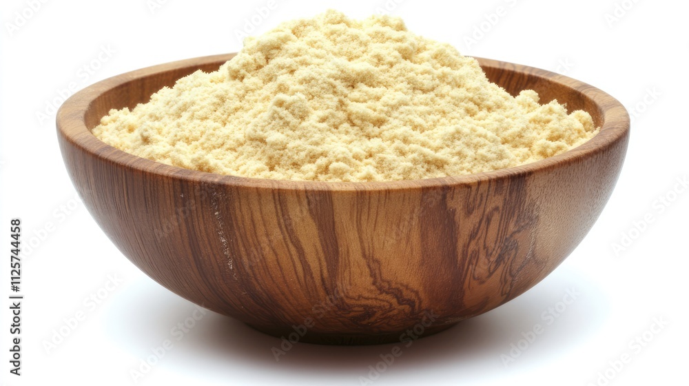 Wheat flour piled in an elegant wooden bowl on a clean white background, food preparation, baking ingredient, natural texture, culinary use, simplicity and freshness. Wheat flour piled in an elegant wooden bowl on a clean white background, food preparation, baking ingredient, natural texture, culinary use, simplicity and freshness.