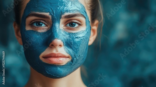 Woman applying blue clay facial mask for skincare and rejuvenation, promoting beauty treatments and self-care routines.