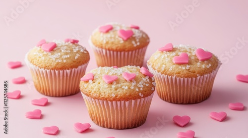 Valentine's Day heart-shaped muffins with pink decorations on soft pink background perfect for festive celebrations and sweet treats