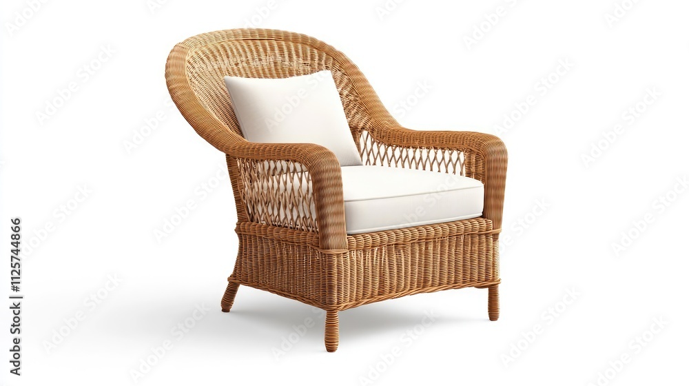 Wicker outdoor armchair in side view, featuring a loose back design and soft fabric cushion, perfect for patio furniture, all-weather durability, rattan weave, relaxation, seating. Wicker outdoor armchair in side view, featuring a loose back design and soft fabric cushion, perfect for patio furniture, all-weather durability, rattan weave, relaxation, seating.