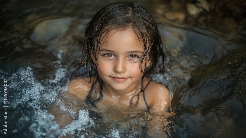 Fototapeta premium Girl enjoying a refreshing swim in a natural pool with cascading waterfall in a tropical paradise on a sunny day in Hawaii