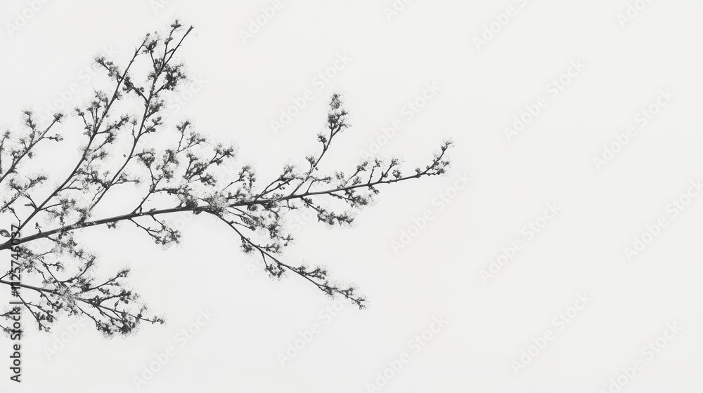 Fototapeta premium Delicate mimosa flower twigs gracefully arranged on a clean white background showcasing natural beauty and simplicity.