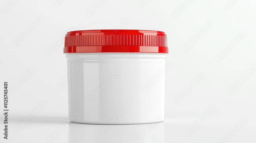 White plastic container with a red screw cap on a clean white background, isolated for product display, packaging, branding, minimalistic design, clipping path. White plastic container with a red screw cap on a clean white background, isolated for product display, packaging, branding, minimalistic design, clipping path.