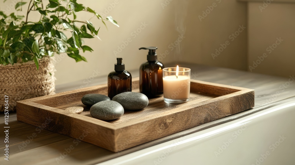 Wooden tray with spa products, smooth stones, and a lit candle arranged elegantly on a bathtub's edge in a cozy bathroom setting, relaxation, wellness, home decor, tranquility. Wooden tray with spa products, smooth stones, and a lit candle arranged elegantly on a bathtub's edge in a cozy bathroom setting, relaxation, wellness, home decor, tranquility.