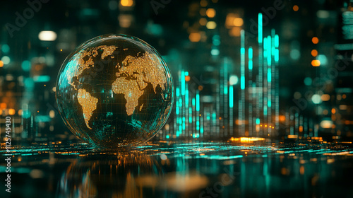 crystal-clear globe rests on a financial chart, symbolizing global markets, economic connections, sustainability, and the interdependence of finance and environmental stewardship