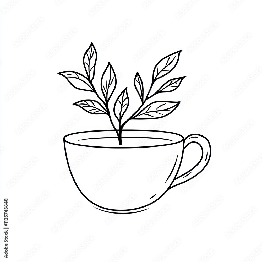 Line art drawing of tea plant sprouting from a teacup. Line art drawing of tea plant sprouting from a teacup.