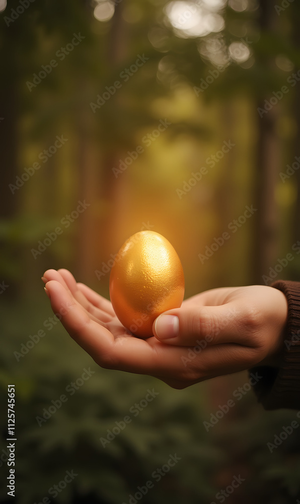 Person holding a golden egg with a wonder feel in a forest background Person holding a golden egg with a wonder feel in a forest background