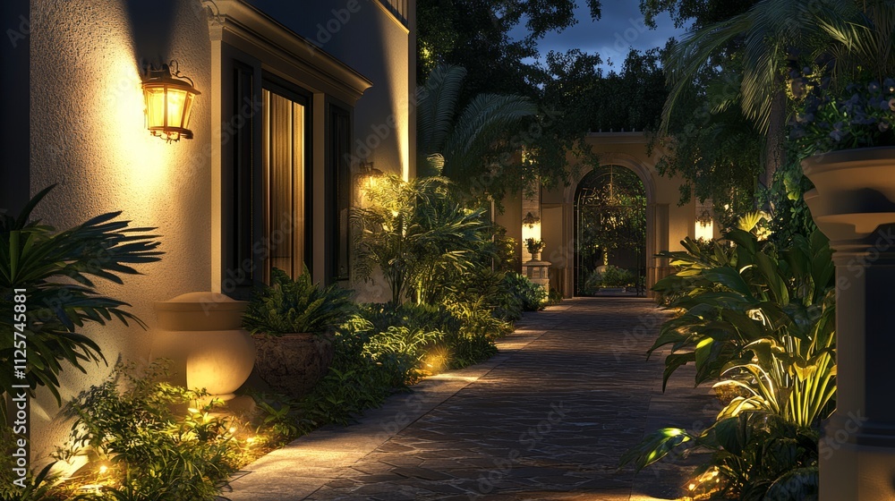 Elegant night scene of a home with bright landscape lights illuminating the front walkway, lined with lush plants and leading to a beautifully lit entrance. Elegant night scene of a home with bright landscape lights illuminating the front walkway, lined with lush plants and leading to a beautifully lit entrance.