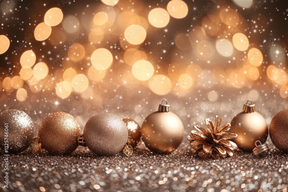 Sparkling Gold Christmas Ornaments and Pine Cone on Glitter Background Sparkling Gold Christmas Ornaments and Pine Cone on Glitter Background