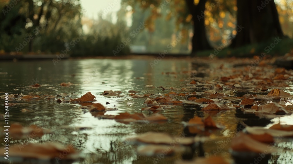 Fototapeta premium Serene autumn scene with yellow leaves floating on a tranquil pond in a peaceful natural setting