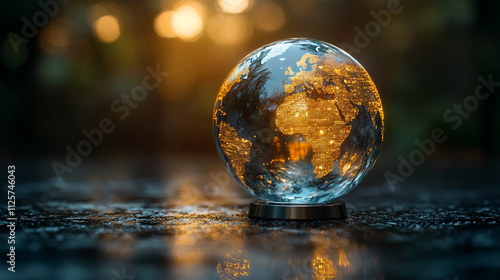 crystal-clear globe rests on a financial chart, symbolizing global markets, economic connections, sustainability, and the interdependence of finance and environmental stewardship photo