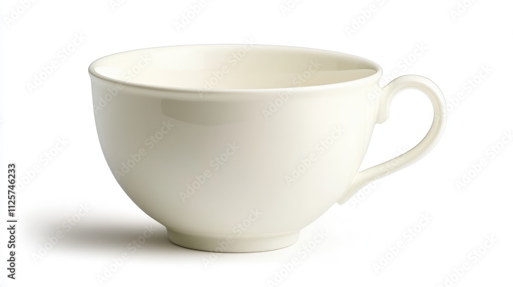 Elegant white ceramic cup positioned on a clean white backdrop, emphasizing its smooth texture and simple design, minimalism, kitchenware, lifestyle, product photography. Elegant white ceramic cup positioned on a clean white backdrop, emphasizing its smooth texture and simple design, minimalism, kitchenware, lifestyle, product photography.