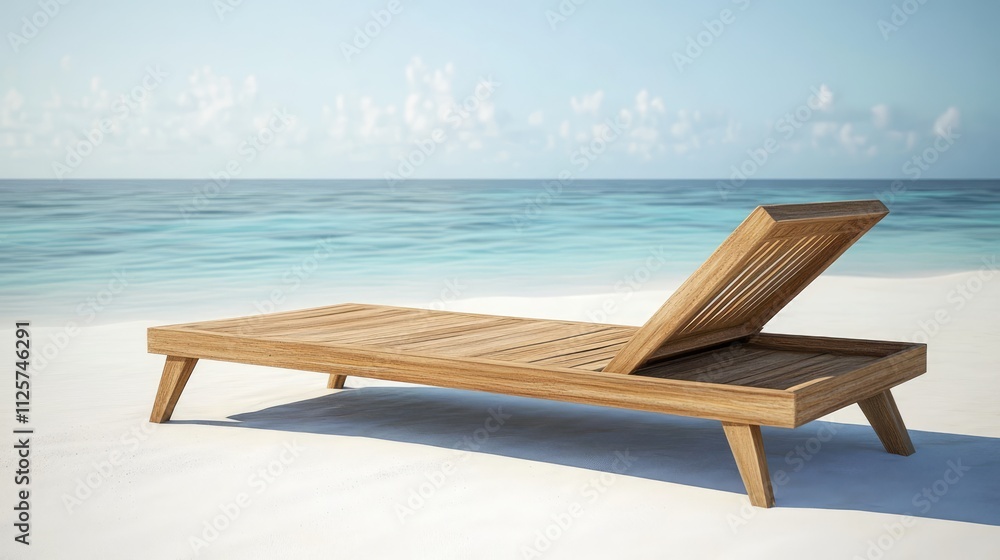 Obraz premium Wooden sunbed on serene tropical beach with calm turquoise waters and clear sky in the Maldives during summer day
