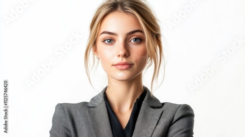 Confident young blonde woman in professional attire expressing determination against a white background