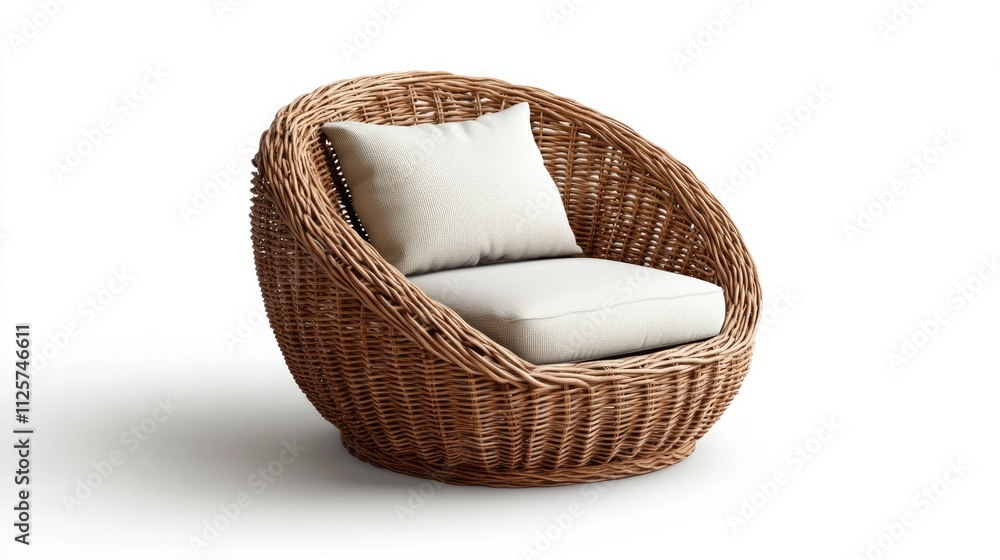 Wicker outdoor armchair in side view, featuring loose back cushion and round design, perfect for patio or garden use, all-weather rattan weave, comfortable seating, modern furniture. Wicker outdoor armchair in side view, featuring loose back cushion and round design, perfect for patio or garden use, all-weather rattan weave, comfortable seating, modern furniture.