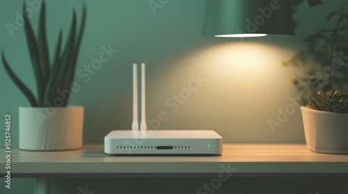 Modern wifi router on a wooden table in a softly lit room, surrounded by decorative potted plants and a stylish lamp, technology, home office, connectivity, warm ambiance. photo