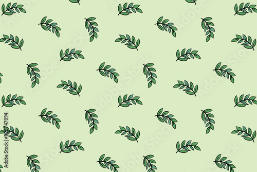 A seamless pattern featuring decorative green leaves, soft pastel background, for design projects