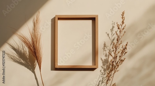 Wooden photo frame mockup positioned with dried plants on a beige background, featuring autumnal elements, flat lay perspective, minimalistic design, decorative display, copy space. photo