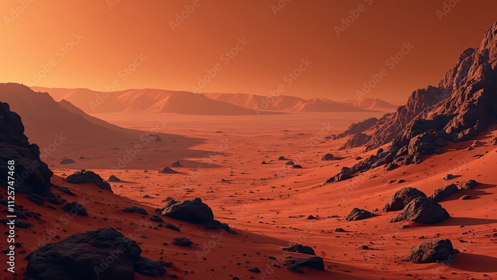 Naklejka premium Stylized Martian Landscape, Red Dunes, Jagged Rocks, and Orange Sky