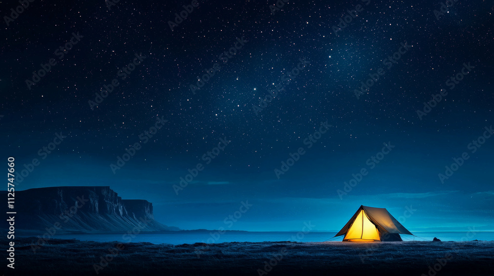 glowing tent under starry night sky in serene landscape glowing tent under starry night sky in serene landscape
