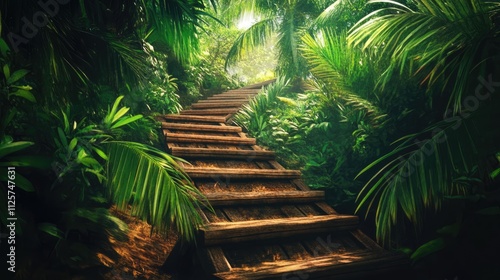 Wooden stairs leading up through lush tropical vegetation, surrounded by vibrant palms and dense greenery, inviting exploration and adventure, nature, jungle, pathway. photo