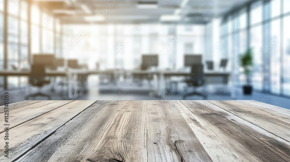 Wooden table top in a modern office setting with blurred background suitable for promoting office products and furnishings Wooden table top in a modern office setting with blurred background suitable for promoting office products and furnishings