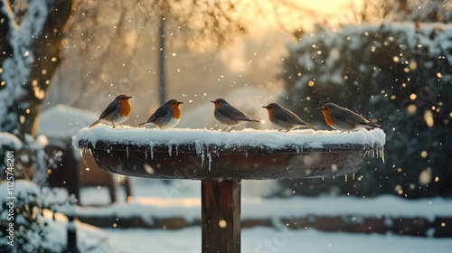 Winter feeding station for birds during snowfall featuring multiple robins enjoying food on a snowy landscape in soft golden light photo