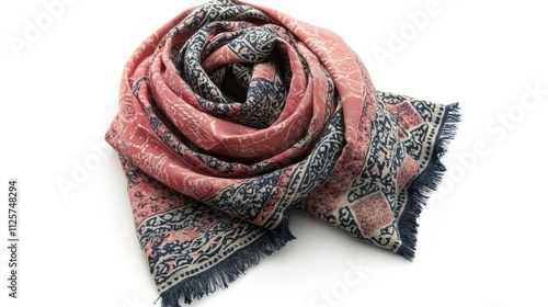 Stylish woman's scarf with intricate patterns in coral and navy colors, elegantly arranged on a white background, fashion accessory, textile design, product photography. photo