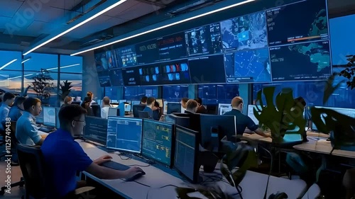 Experienced IT support professionals and software developers working in a monitoring control room, using digital screens to access server data, blockchain networks, and surveillance maps.