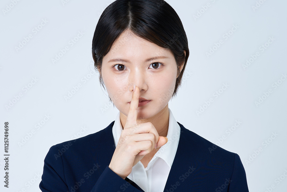 口に手を当てるスーツ姿の若い女性