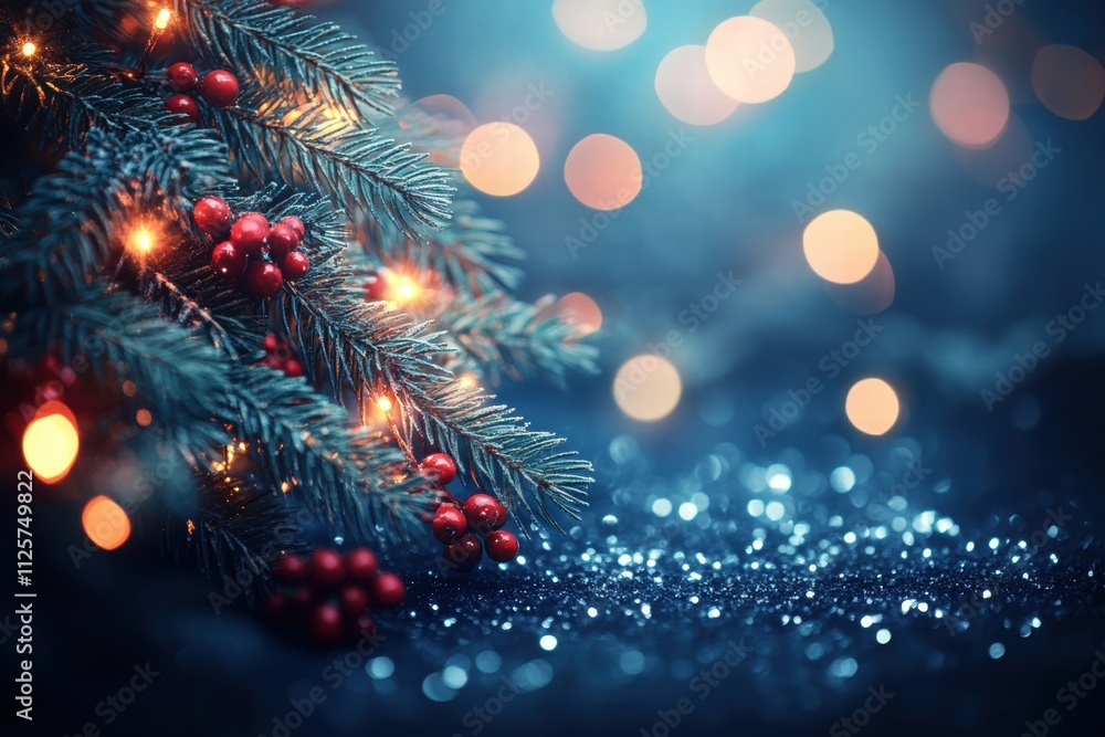 Christmas Background Festive Fir Branches with Lights and Berries Christmas Background Festive Fir Branches with Lights and Berries