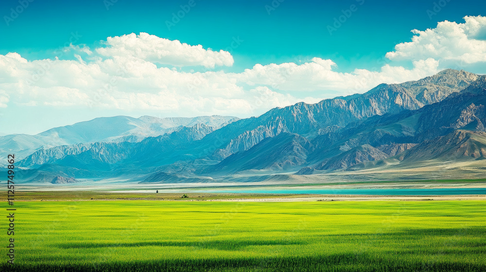 Fototapeta premium Xinjiang Altai Scenery Green Mountains Grassland Meadows Mountain Peaks Natural Landscape 