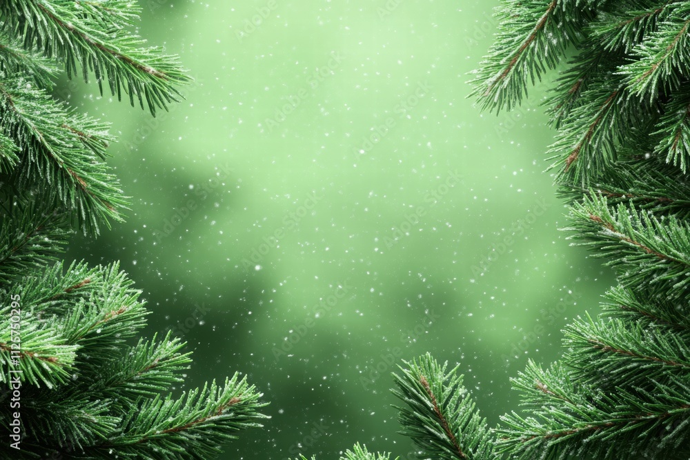 Snowy Pine Branches Frame on Green Background Snowy Pine Branches Frame on Green Background