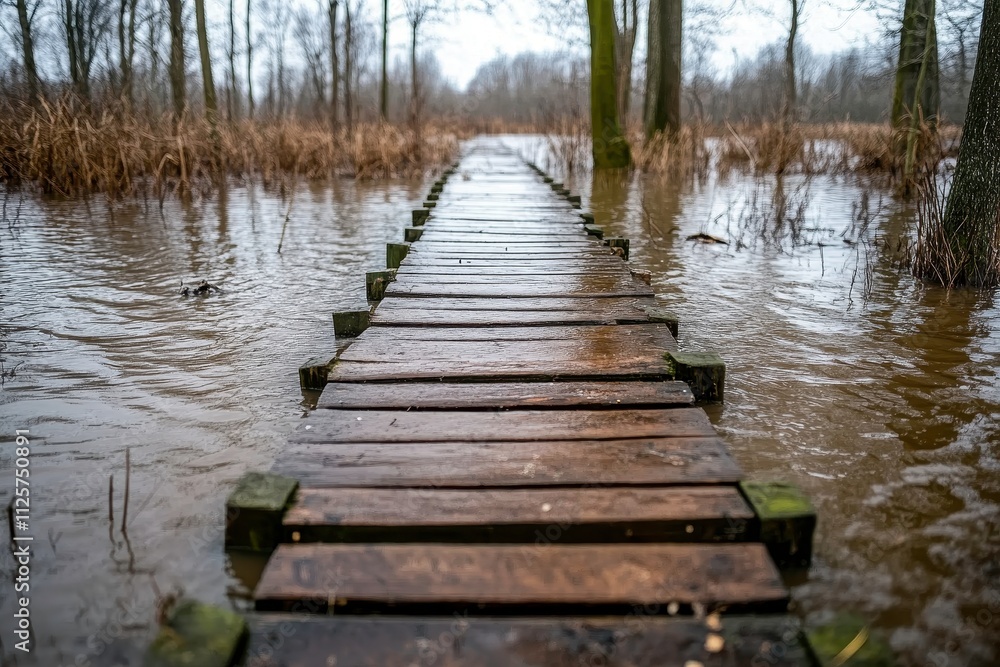 Serene Wooden Pathway Over Water in a Misty Forest Landscape Surrounded by Trees and Marshland Capturing the Essence of Nature’s Tranquility and Beauty Serene Wooden Pathway Over Water in a Misty Forest Landscape Surrounded by Trees and Marshland Capturing the Essence of Nature’s Tranquility and Beauty