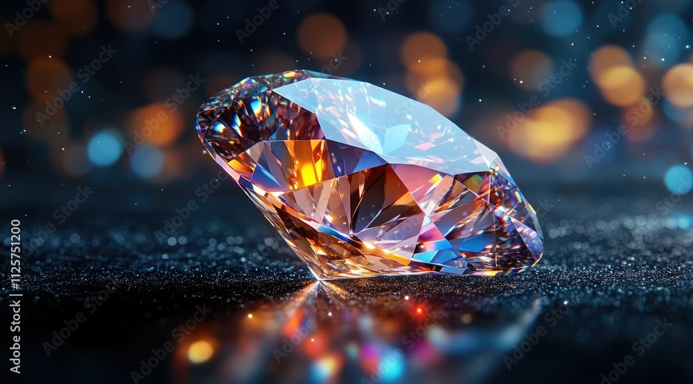 Sparkling diamond gemstone on dark surface with bokeh lights. Sparkling diamond gemstone on dark surface with bokeh lights.