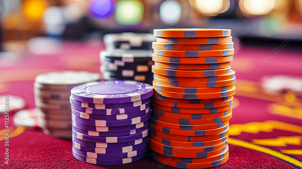 stacked poker chips in various colors, symbolizing risk, strategy, and chance. The blurred casino background evokes the allure and excitement of gambling and high-stakes play stacked poker chips in various colors, symbolizing risk, strategy, and chance. The blurred casino background evokes the allure and excitement of gambling and high-stakes play