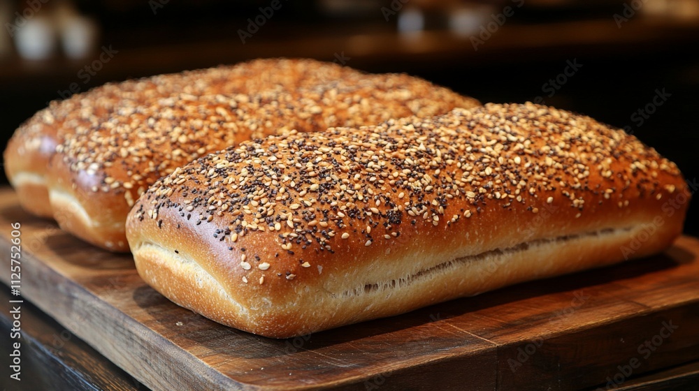 Freshly baked bread rolls with a golden crust and topped with sesame and poppy seeds rest on a wooden board in a warm, inviting bakery setting. Freshly baked bread rolls with a golden crust and topped with sesame and poppy seeds rest on a wooden board in a warm, inviting bakery setting.