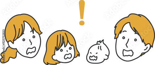 驚く夫婦と子どものシンプルなファミリーイラスト
