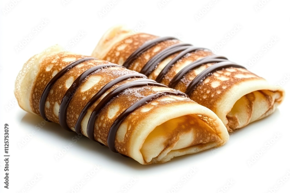 Delicious Sweet Pancakes Filled with Creamy Filling and Drizzled with Chocolate Sauce on a Clean White Background Delicious Sweet Pancakes Filled with Creamy Filling and Drizzled with Chocolate Sauce on a Clean White Background