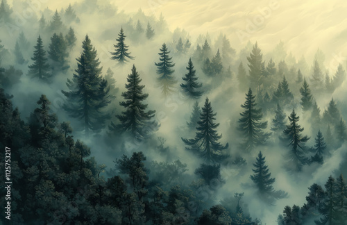 Lush evergreen trees surrounded by mist in a serene forest at dawn. Evergreen trees tower above a blanket of mist in a tranquil forest landscape during early morning hours. Soft light filters