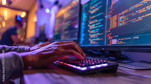 A programmer's hands rapidly typing on a backlit keyboard, lines of code glowing on the screen photo