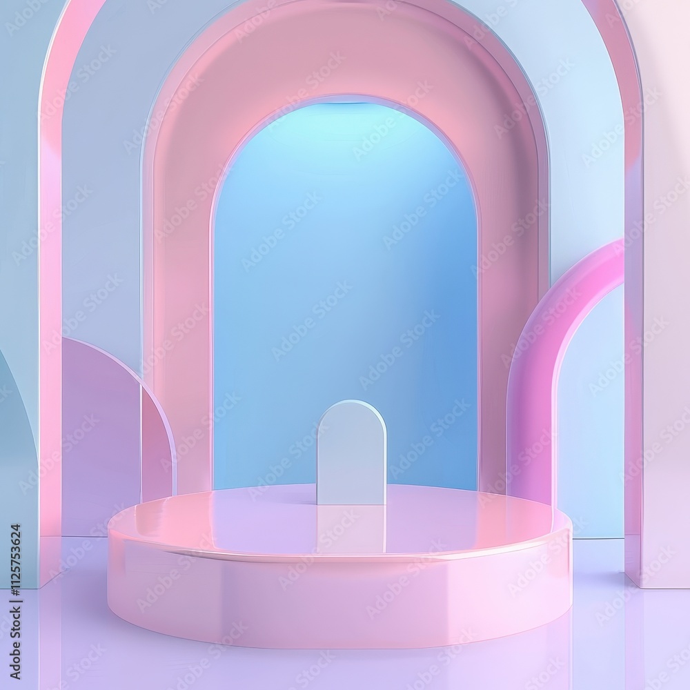 Abstract pastel pink and blue archway background with a round podium for product display Abstract pastel pink and blue archway background with a round podium for product display