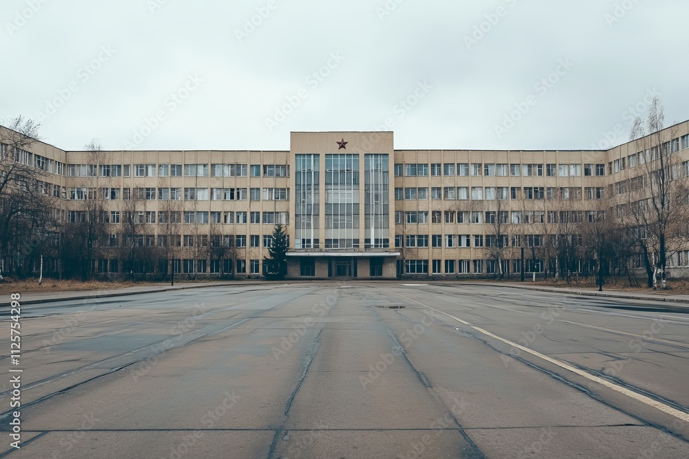 Obraz premium Panel housing.Soviet architecture.Soviet urbanism.Soviet panel building.A street-level shot of a Soviet panel building with an empty, wide street in front