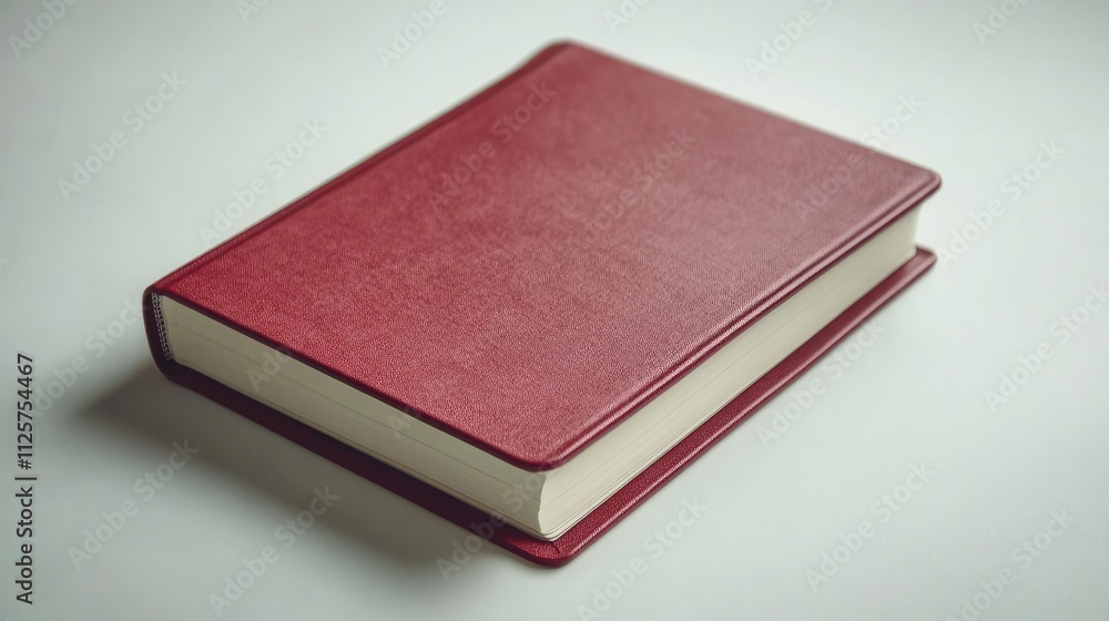 Closed maroon hardcover book resting on a white surface. Closed maroon hardcover book resting on a white surface.